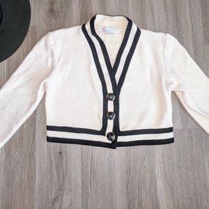 St. John Cream & Black Short Knit Button Sweater 6